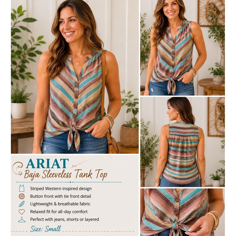 Ariat Baja Sleeveless Tank Top Womens Small Striped Tie Front Button Western
